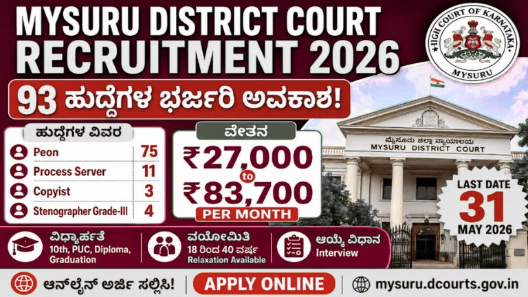 Mysuru ಜಿಲ್ಲಾ ನ್ಯಾಯಾಲಯ ನೇಮಕಾತಿ 2026 – 93 ಪಿಯೂನ್ ಹಾಗೂ ಸ್ಟೆನೋಗ್ರಾಫರ್ ಹುದ್ದೆಗಳಿಗೆ ಅರ್ಜಿ ಆಹ್ವಾನ